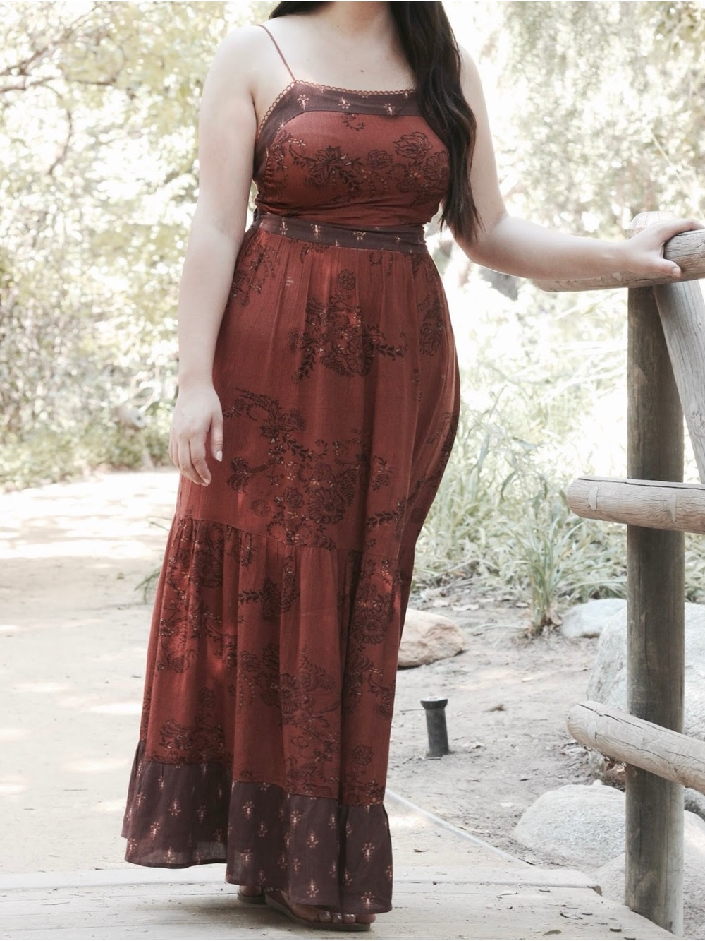 Sun & Shadow Burnt Orange Fall Floral Maxi Dress w Spaghetti Straps Boho Hippie